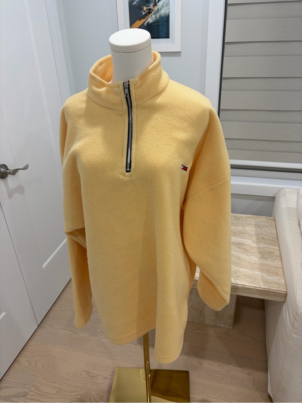 Tommy Hilfiger Pale Yellow Half-Zip Fleece Pullover Vintage Retro